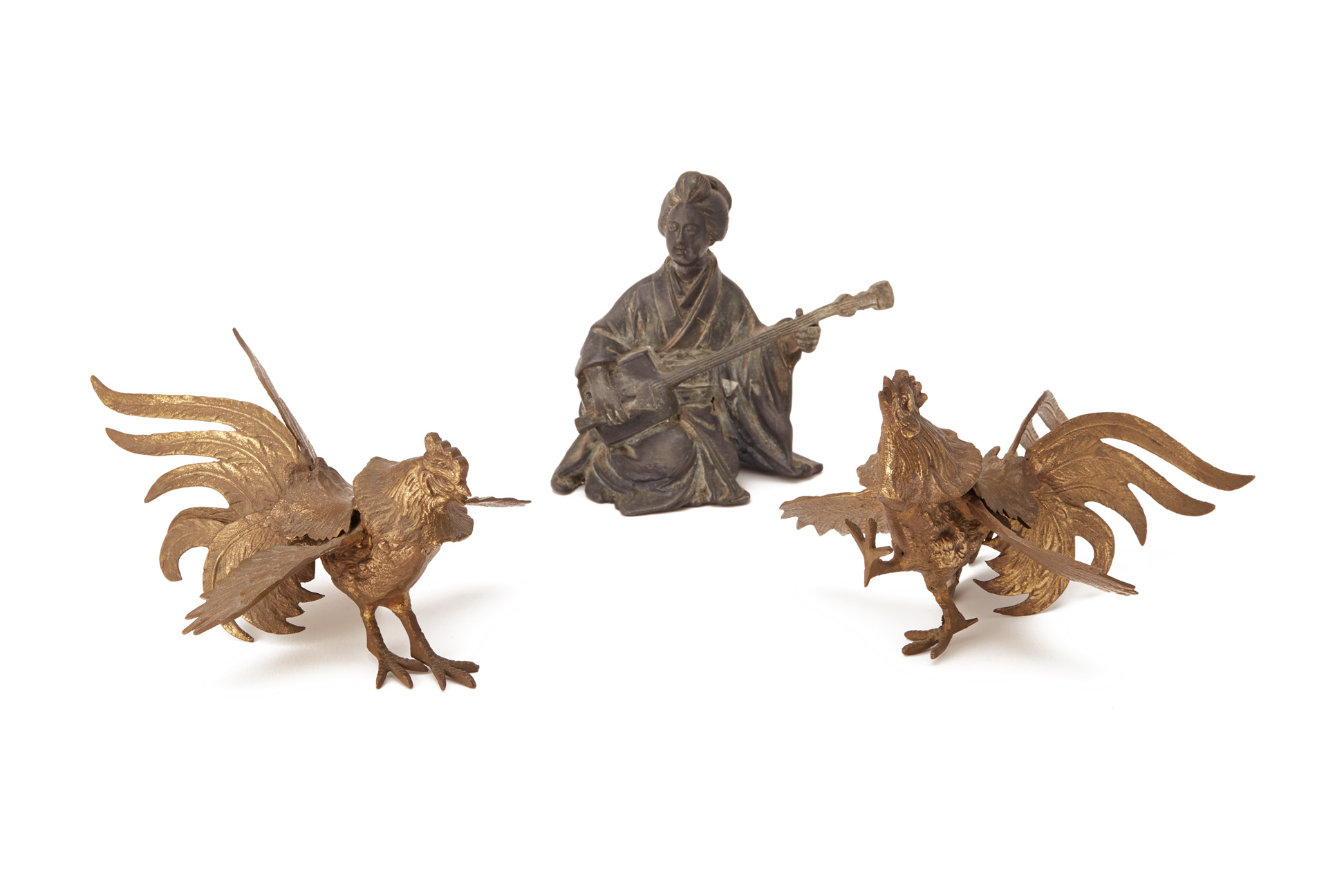 A PAIR OF METALWARE MODELS OF COCKERELS AND A GEISHA - Image 2 of 3