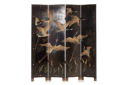 A FOUR-FOLD LACQUER SCREEN DECORATED WITH CRANES