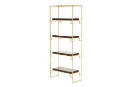 A PAIR OF GLOSSY BLACK RESIN & GILT METAL SHELVES