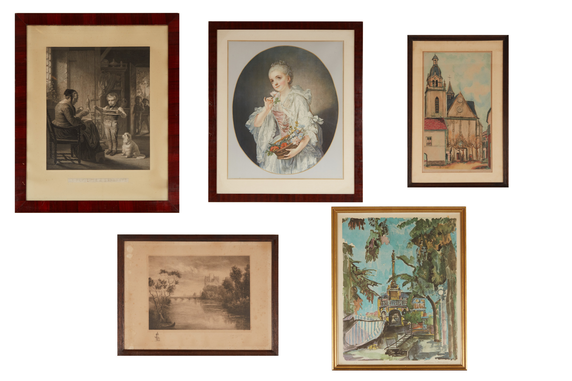 FIVE VINTAGE LANDSCAPE AND GENRE PRINTS