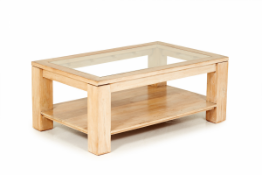 A LIMED WOOD & GLASS RECTANGULAR COFFEE TABLE