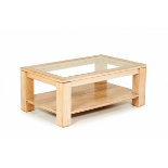 A LIMED WOOD & GLASS RECTANGULAR COFFEE TABLE