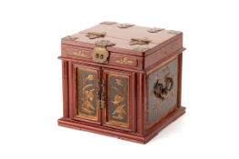 A CHINESE PAINTED WOOD JEWELLERY/ VANITY BOX