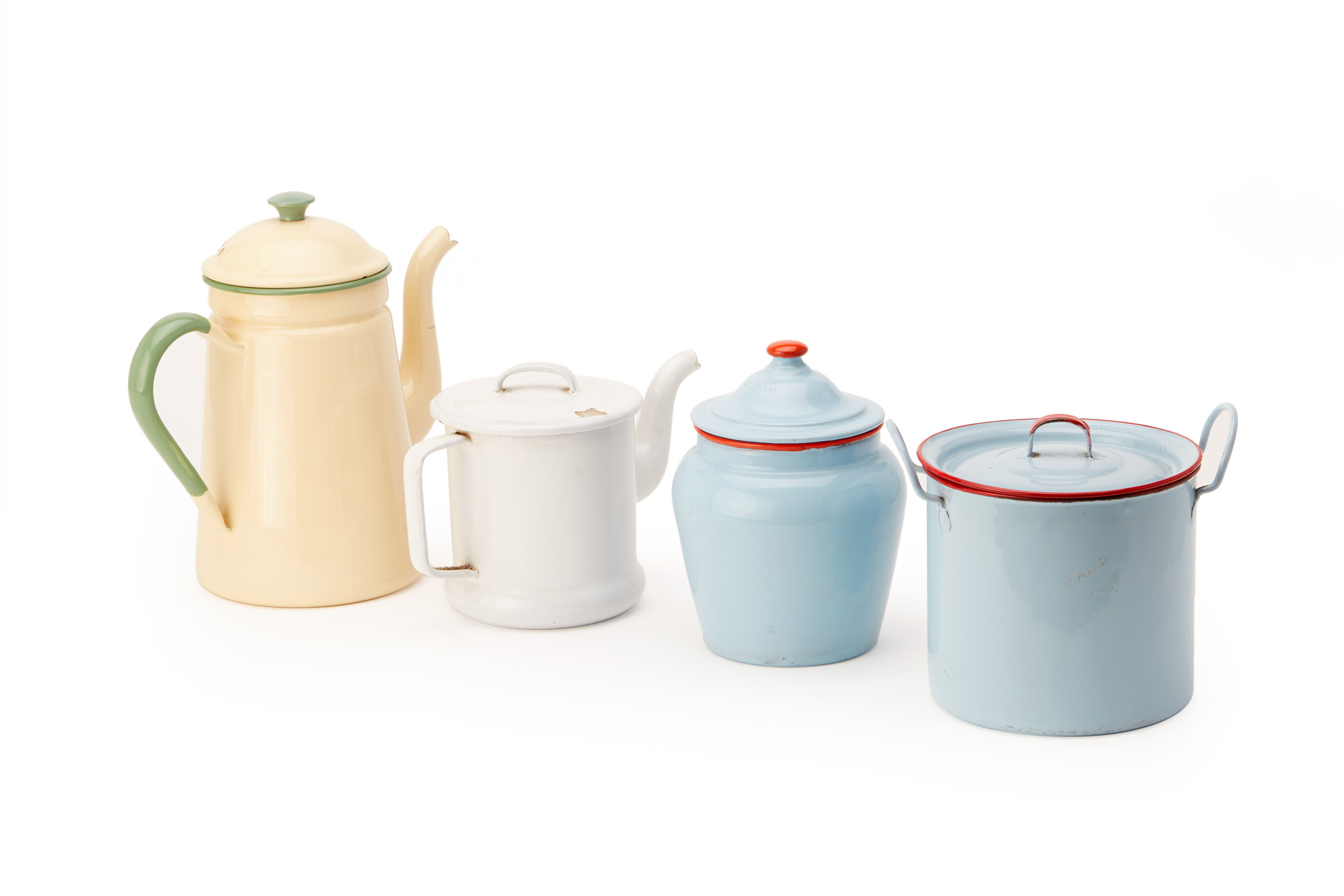 A GROUP OF COLOURED ENAMEL POTS