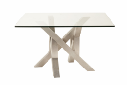 A SQUARE STAINLESS STEEL DINING TABLE WITH GLASS TOP