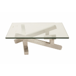 A SQUARE STAINLESS STEEL COFFEE TABLE WITH GLASS TOP