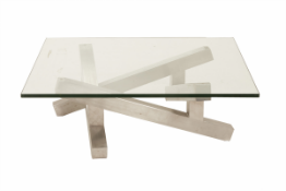 A SQUARE STAINLESS STEEL COFFEE TABLE WITH GLASS TOP