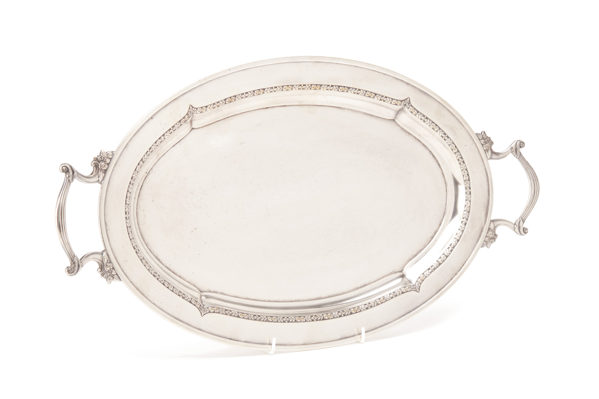 A SILVER PLATED TWIN-HANDLED OVAL TRAY