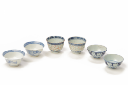 THREE PAIRS OF CHINESE BLUE & WHITE PORCELAIN TEA BOWLS