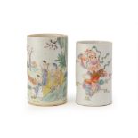 TWO FAMILLE ROSE PORCELAIN BRUSH POTS