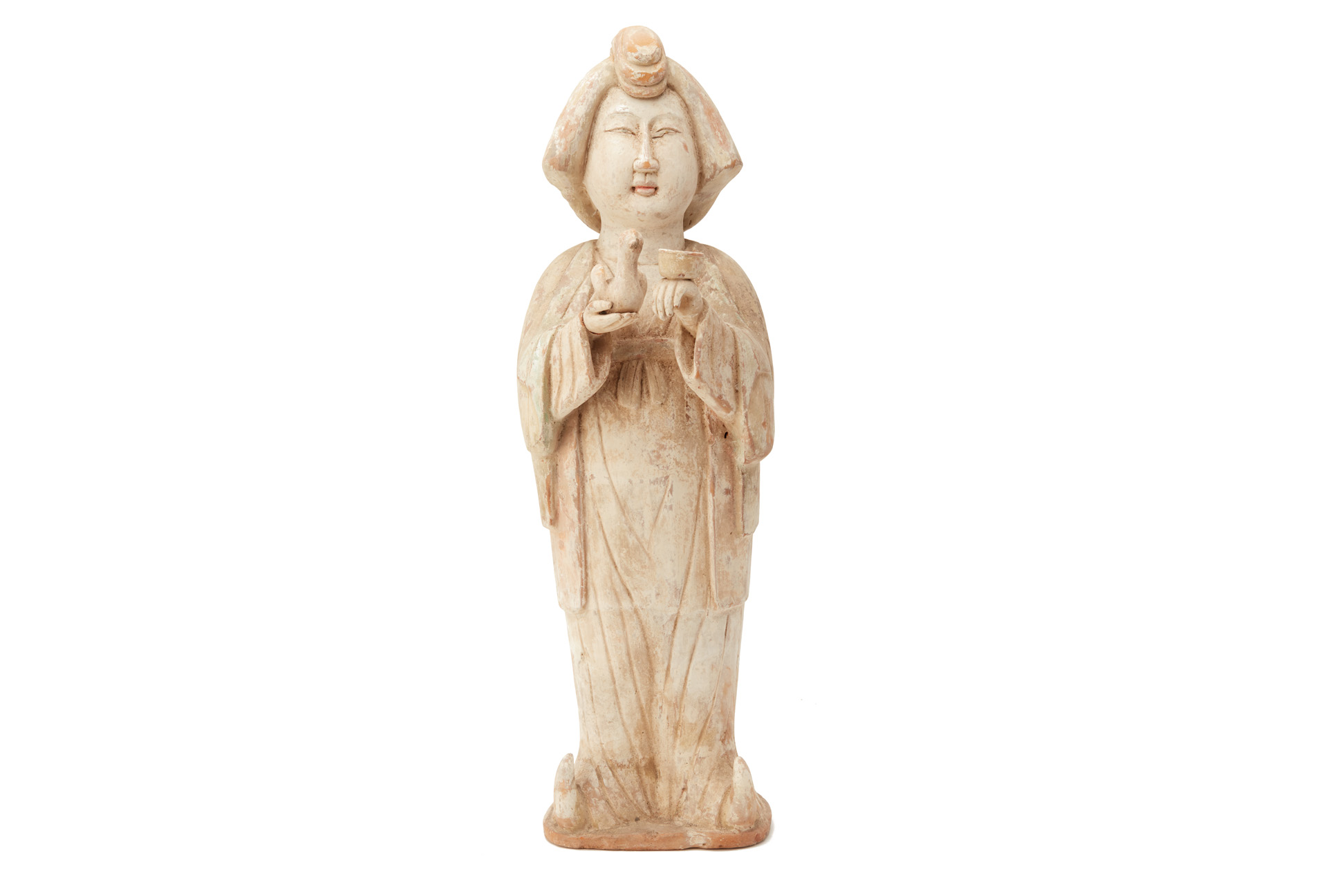 A TANG STYLE POTTERY FIGURE OF A COURT LADY HOLDING A BIRD