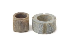 TWO ARCHAIC STYLE JADE CYLINDRICAL CARVINGS