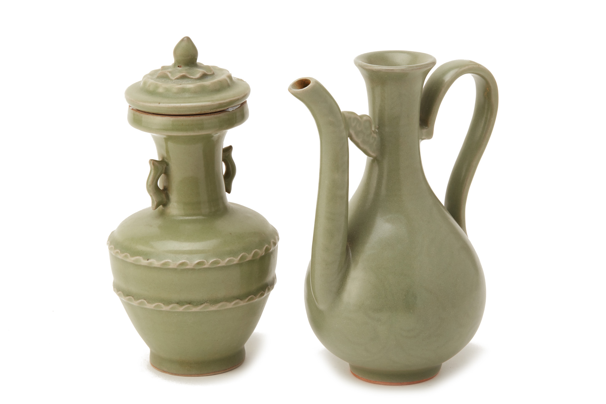 A CELADON GLAZED VASE AND COVER AND A EWER - Image 2 of 3