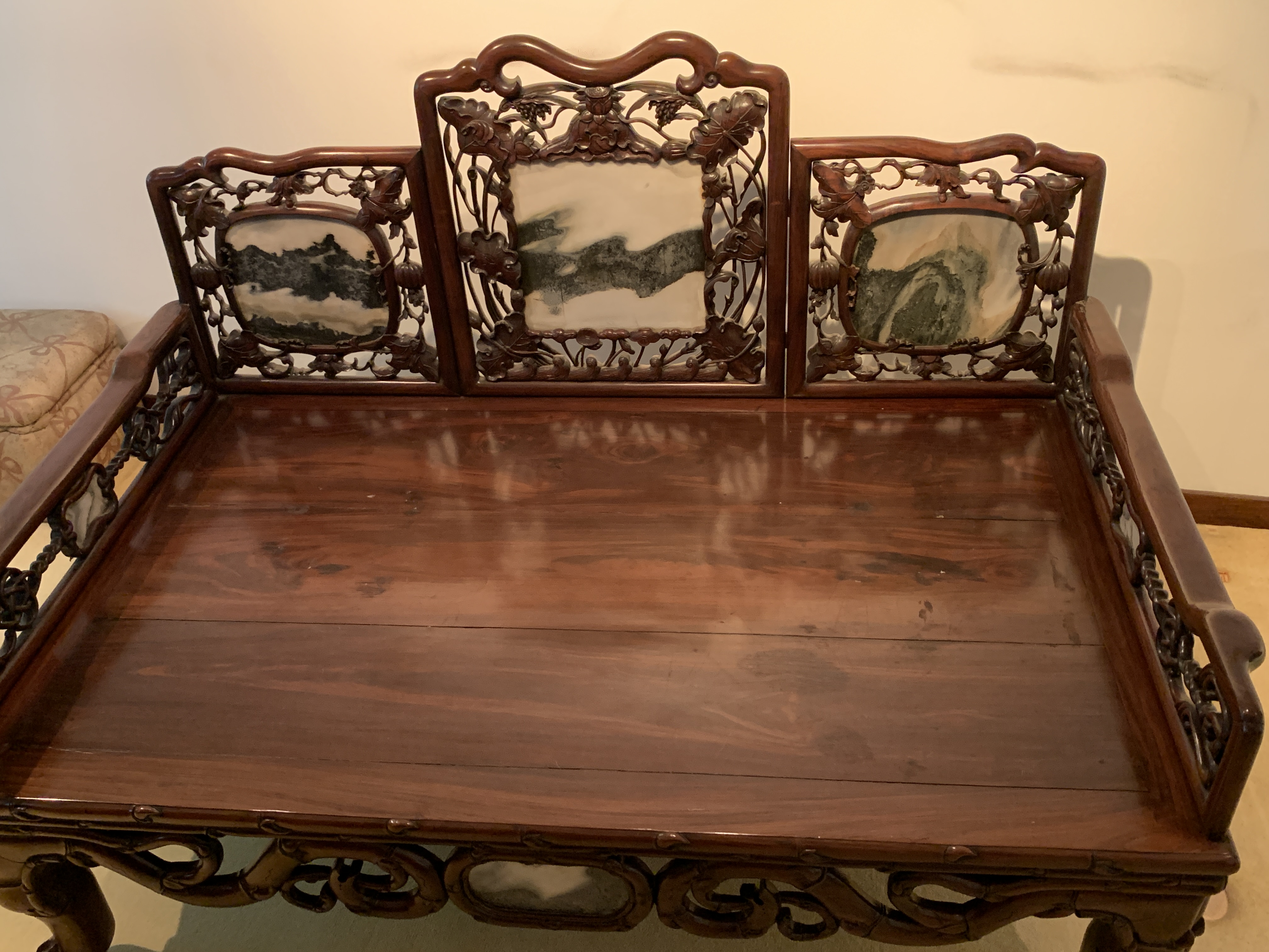 A LARGE MARBLE INSET CARVED ROSEWOOD DAYBED * - Image 3 of 8