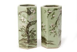 A PAIR OF CELADON GLAZED HEXAGONAL VASES