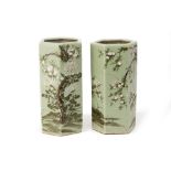 A PAIR OF CELADON GLAZED HEXAGONAL VASES