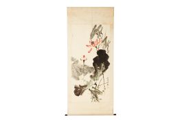 A LARGE CHINESE HANGING SCROLL OF LOTUS