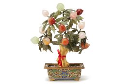 A CARVED HARDSTONE AND JADE POTTED PEACH TREE