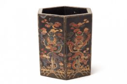 A HEXAGONAL LACQUERED DRAGON BRUSH POT