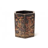 A HEXAGONAL LACQUERED DRAGON BRUSH POT