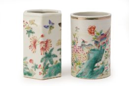 TWO FAMILLE ROSE PORCELAIN BRUSH POTS (3)