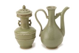 A CELADON GLAZED VASE AND COVER AND A EWER