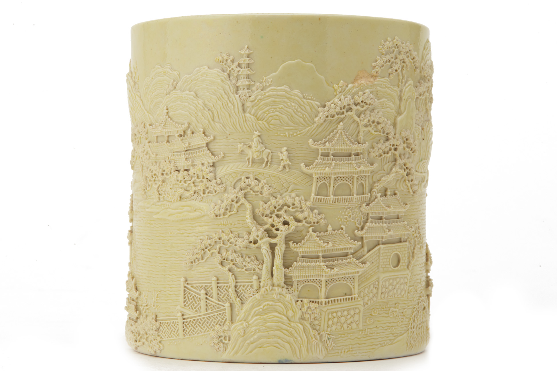 A CARVED & MOULDED LEMON YELLOW-ENAMELLED BRUSH POT - Image 2 of 13