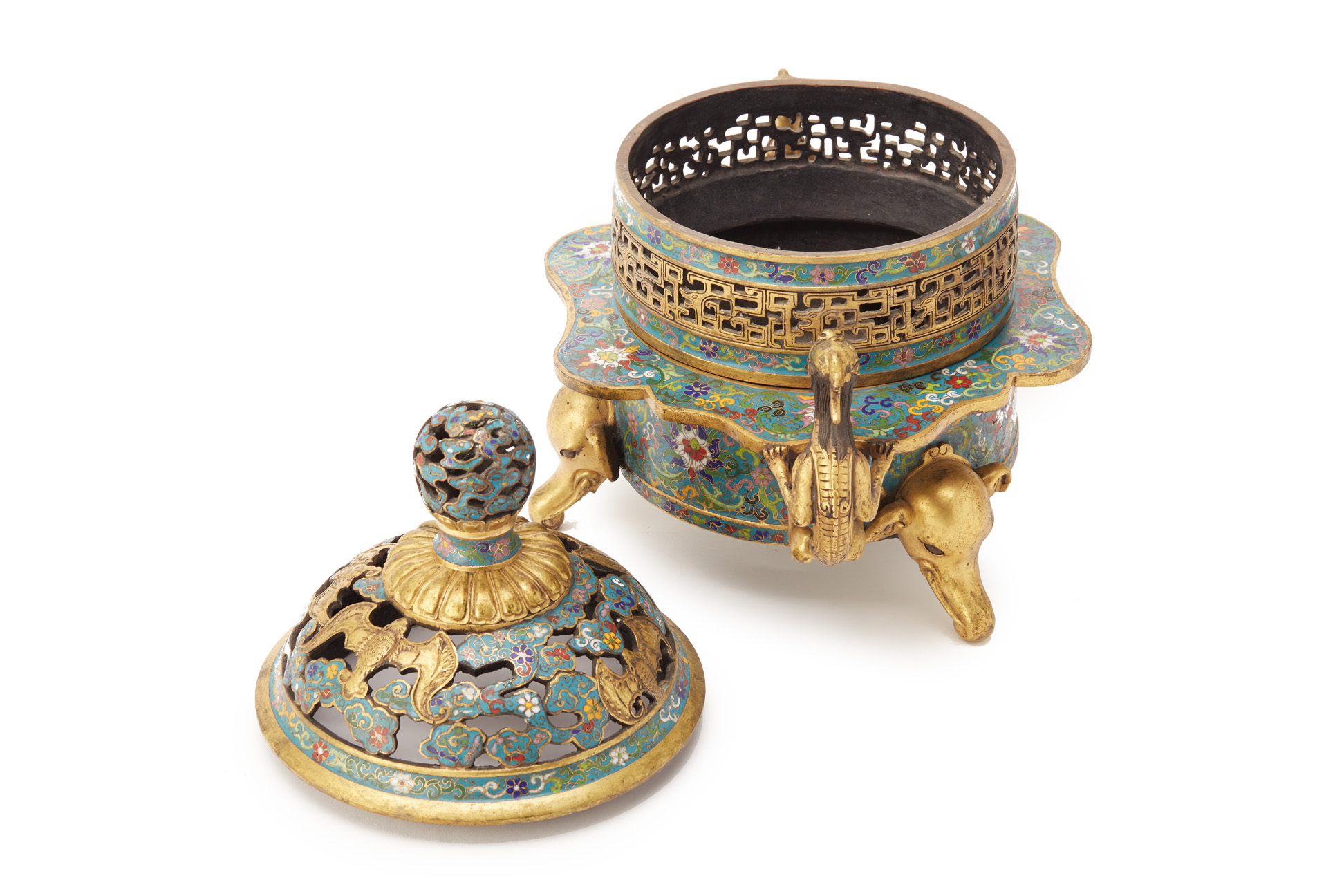 A CLOISONNE ENAMEL TRIPOD CENSER AND COVER - Image 6 of 9