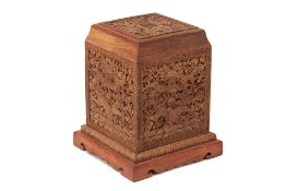 A CARVED CAMPHOR WOOD SQUARE BOX