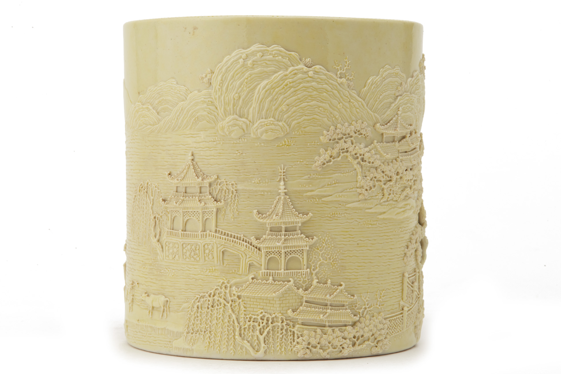 A CARVED & MOULDED LEMON YELLOW-ENAMELLED BRUSH POT - Image 5 of 13