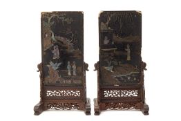 A PAIR OF MOTHER OF PEARL INLAID BLACK LAQUER TABLE SCREENS