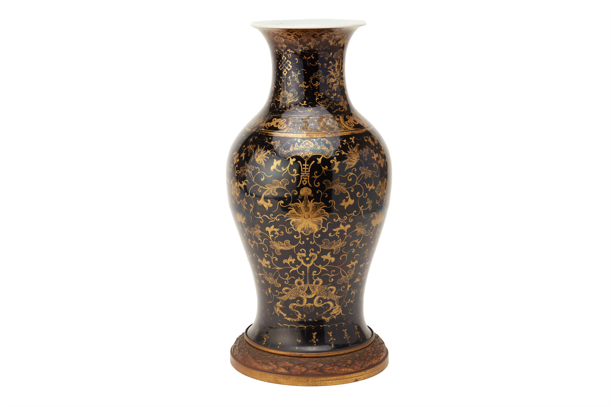 A MIRROR BLACK AND GILT DECORATED BALUSTER VASE