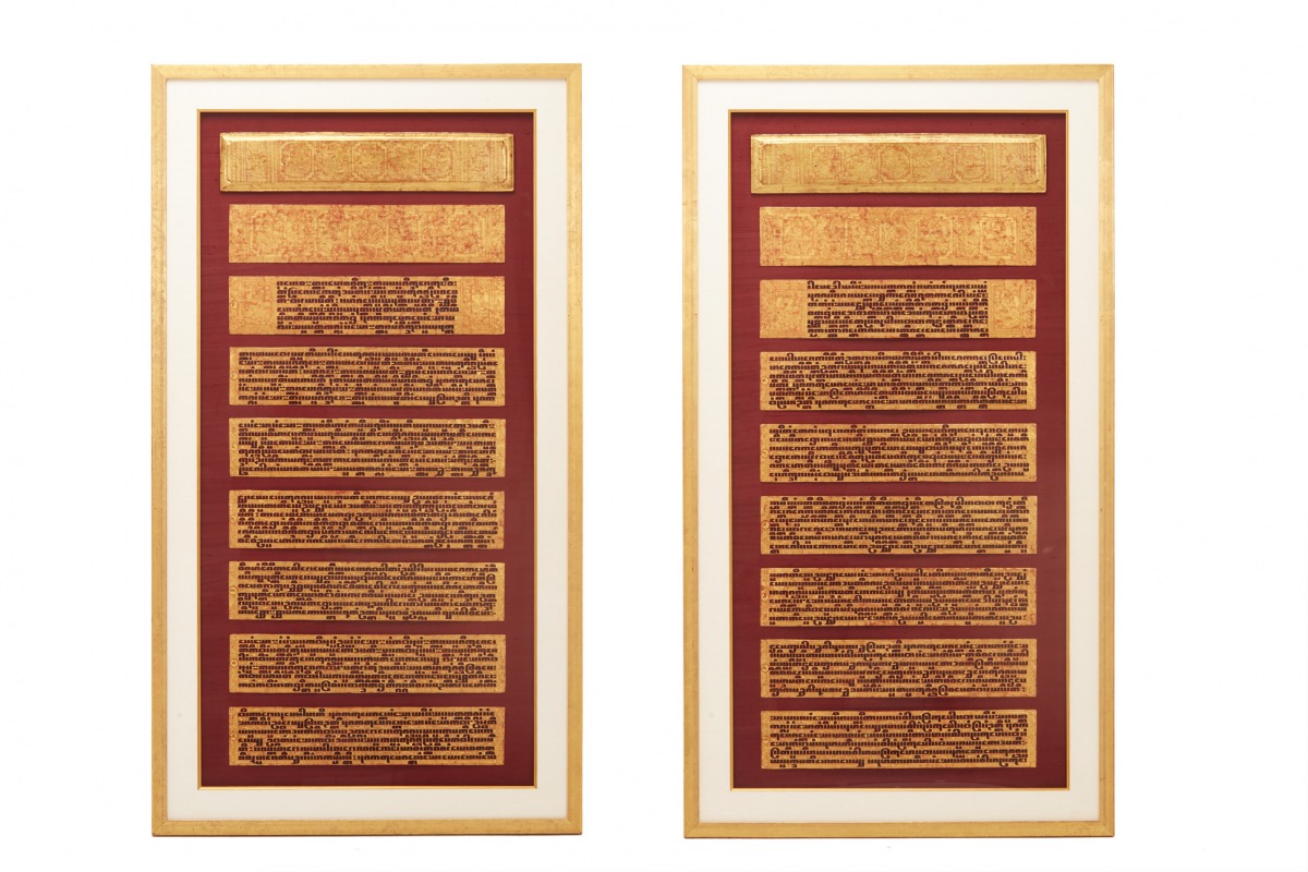 A SET OF ANTIQUE GILT BURMESE SCRIPTURE PANELS IN TWO FRAMES