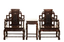 A MOTHER-OF-PEARL INLAID BLACKWOOD ARMCHAIR AND TABLE SET