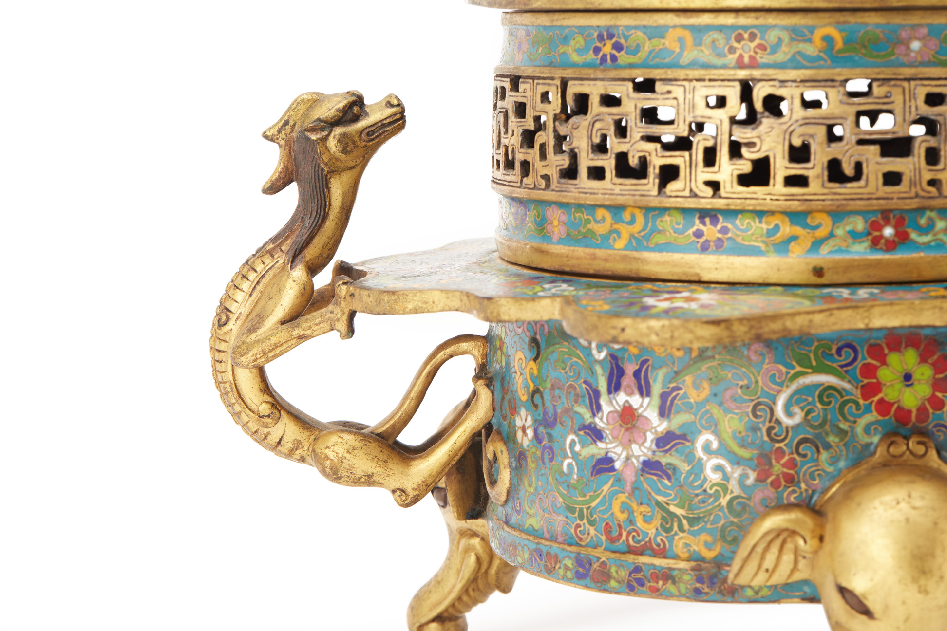 A CLOISONNE ENAMEL TRIPOD CENSER AND COVER - Image 3 of 9