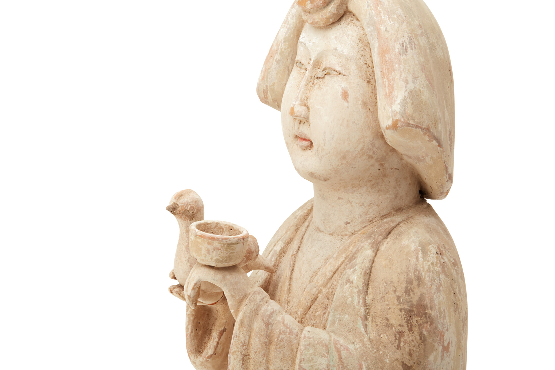 A TANG STYLE POTTERY FIGURE OF A COURT LADY HOLDING A BIRD - Image 3 of 4