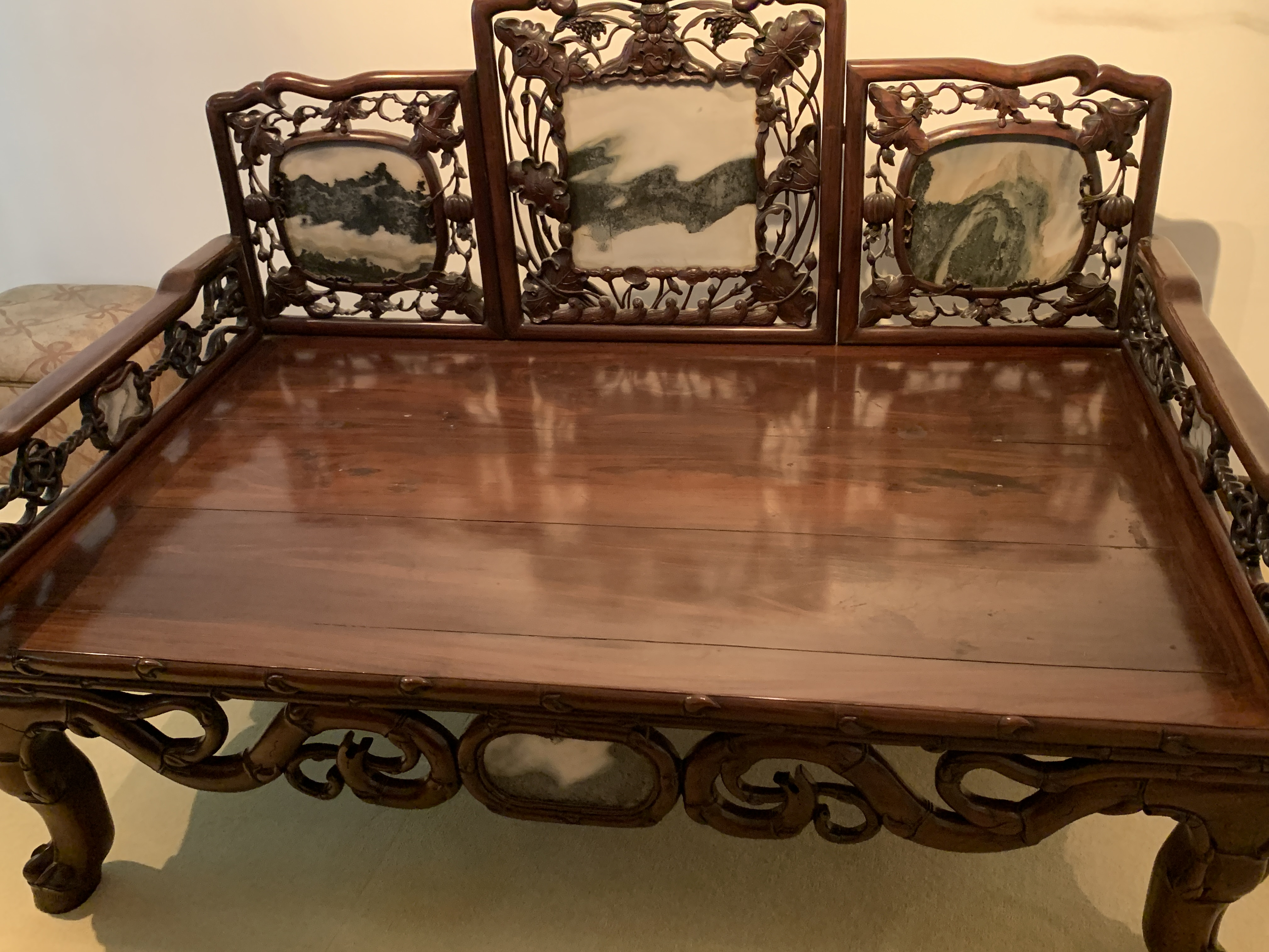 A LARGE MARBLE INSET CARVED ROSEWOOD DAYBED * - Image 5 of 8