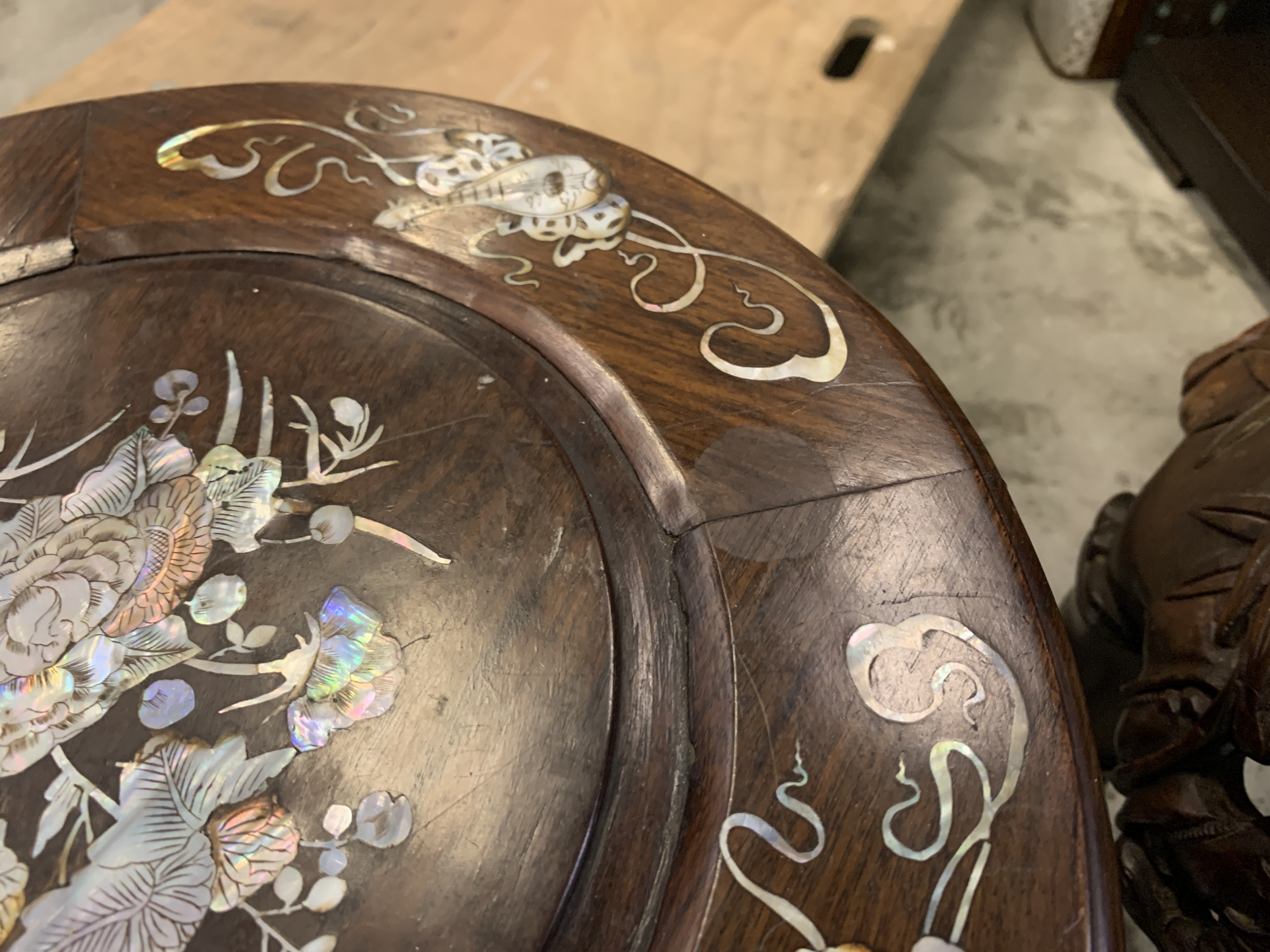 A PAIR OF CARVED AND MOTHER-OF-PEARL INLAID HARDWOOD STOOLS - Image 8 of 8