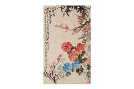 FOUR CHINESE WATERCOLOURS OF FLOWERS AND CALLIGRAPHY