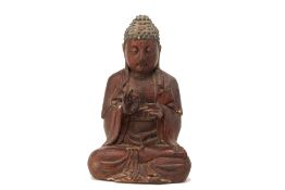 A CARVED AND LACQUERED WOOD FIGURE OF BUDDHA