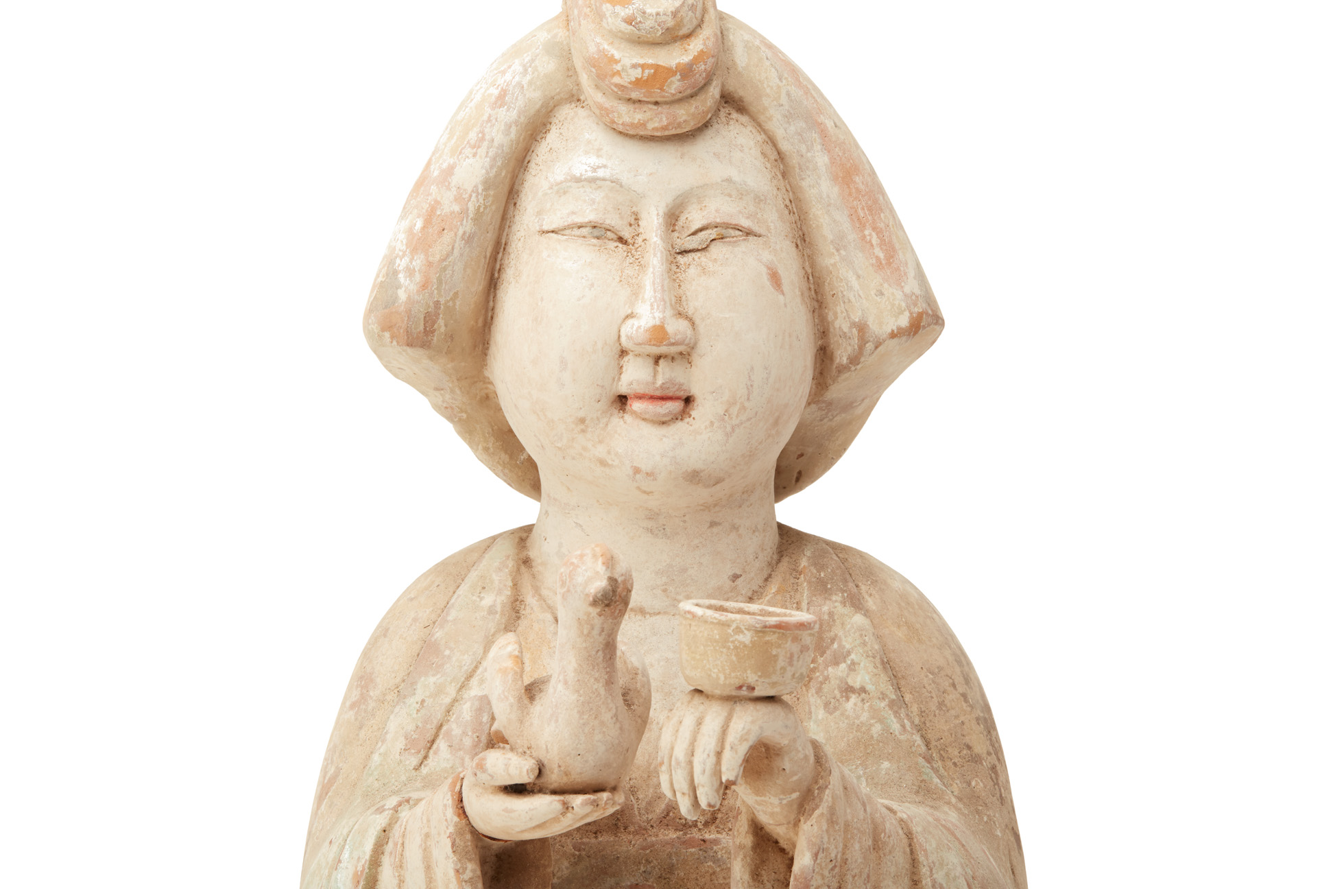 A TANG STYLE POTTERY FIGURE OF A COURT LADY HOLDING A BIRD - Image 2 of 4