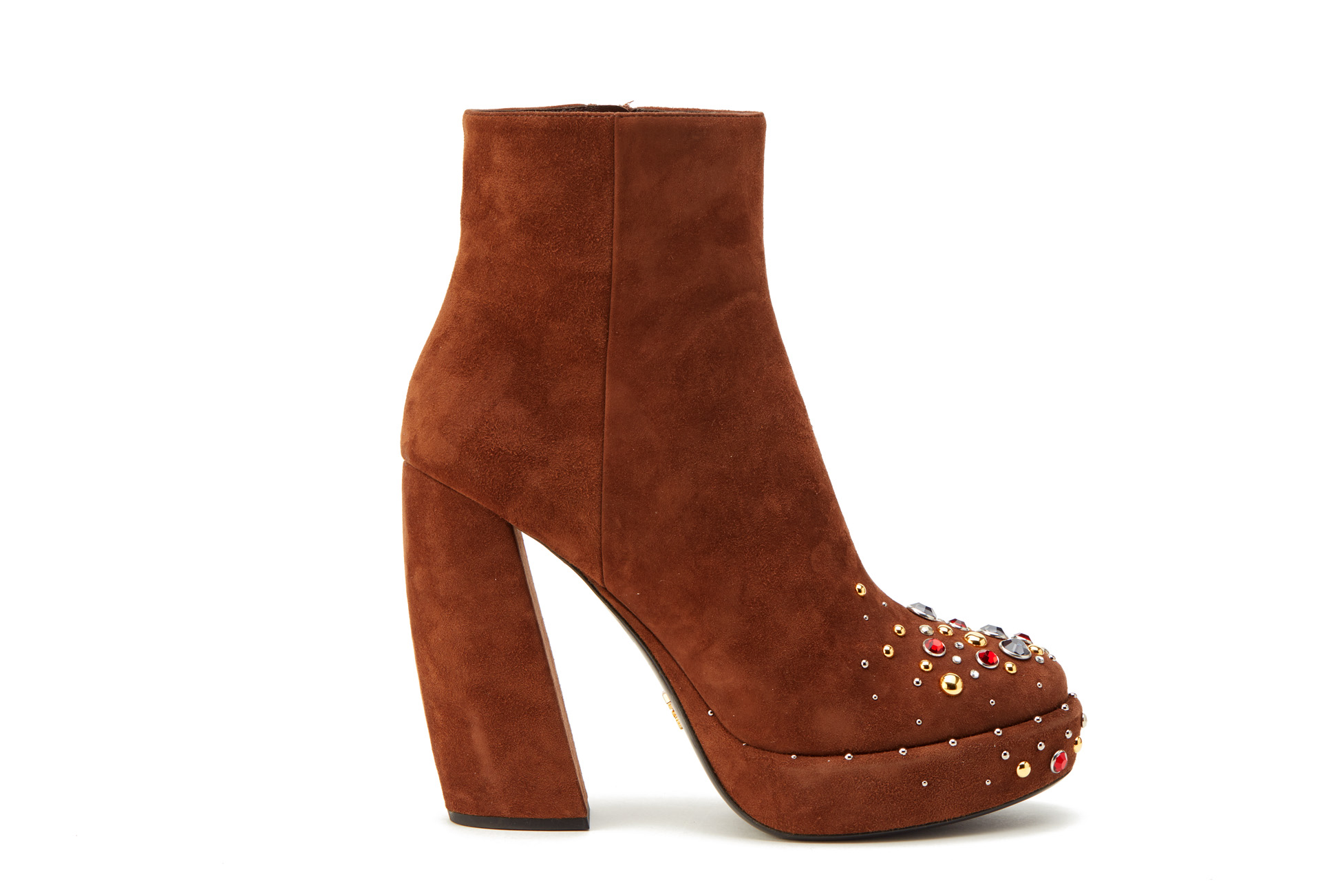 A PAIR OF PRADA BROWN SUEDE JEWELLED BOOTIES EU 40.5 - Image 2 of 4