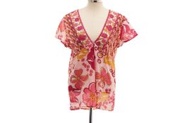 AN ANTIK BATIK PINK, WHITE AND YELLOW FLORAL BLOUSE