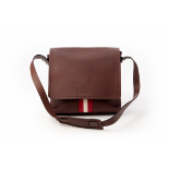 A BALLY CONTRAST STRIPE DARK BROWN LEATHER MESSENGER BAG