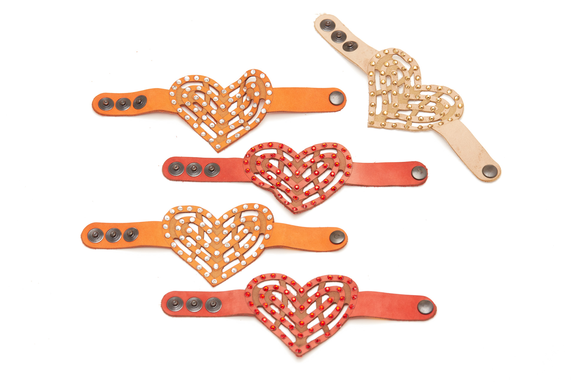 FIVE LEATHER HEART SHAPED BRACELETS