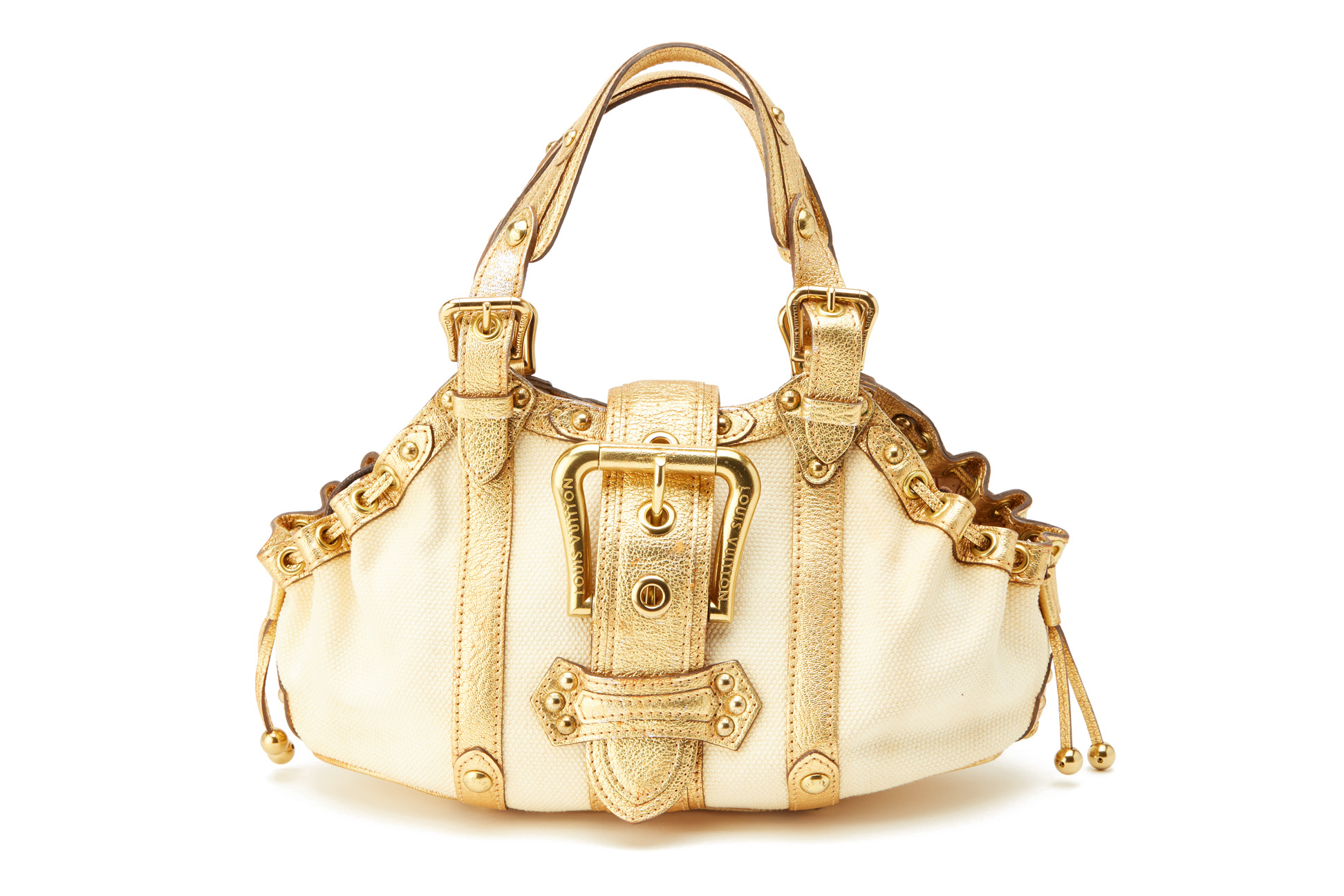 A LOUIS VUITTON WHITE & GOLD CANVAS HANDBAG