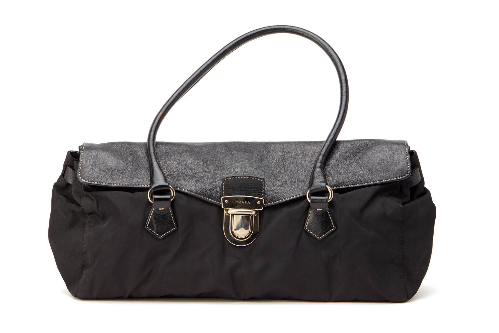 A PRADA BLACK NYLON & LEATHER SHOULDER BAG