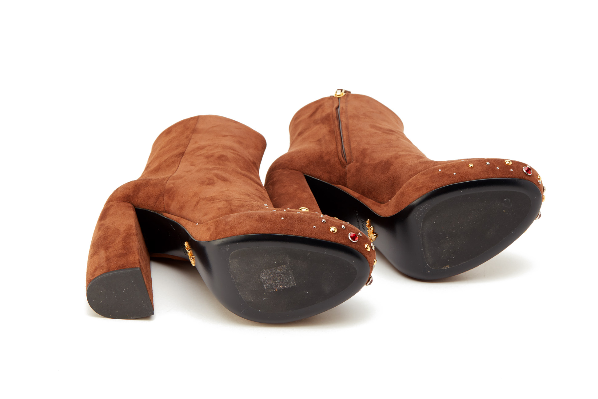 A PAIR OF PRADA BROWN SUEDE JEWELLED BOOTIES EU 40.5 - Image 4 of 4