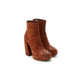 A PAIR OF PRADA BROWN SUEDE JEWELLED BOOTIES EU 40.5