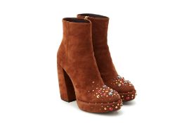 A PAIR OF PRADA BROWN SUEDE JEWELLED BOOTIES EU 40.5